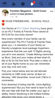 Families magazine Gold Coast – Win Ifly Indoor Skydiving Family & Friends Pass (prize valued at $419)