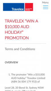$500 in international currency – “win a $10000 Aud Holiday” Promotion (prize valued at $10,000)