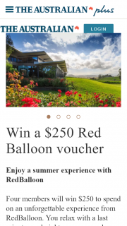 The Australian plusrewards – Win $250 to Spend on an Unforgettable Experience From Redballoon (prize valued at $1,000)