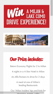 Win a Milan and Lake Como Experience (prize valued at $10,000)