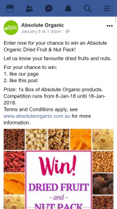 Absolute Organic – Win an Absolute Organic Dried Fruit & Nut Pack