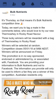 Bulk Nutrients – Win 1/3 Bags of Thermowhey In Rocky Road