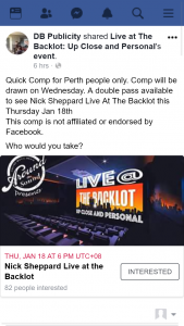 DB Publicity – Win a Double Pass to See Nick Sheppard Live at The Backlot this Thursday Jan 18th Perth Entries Only