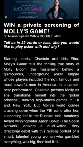 Dymocks – Win a Private Screening of Molly’s Game Or 50 Runner Ups Will Win a Double Pass