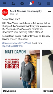 Event Cinemas Indooroopilly – Win a Set of 4 “downsized” Coffee Cups to Help You “downsize” Your Morning Coffee at Least