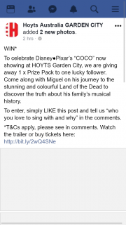 Hoyts Australia GARDEN CITY – Win 1 X Prize Pack of Disney Pixar’s Coco (