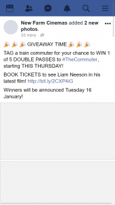 New Farm Cinemas – Win 1 of 5 Double Passes to #thecommuter
