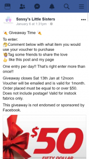 Sassys Little Sisters – Win a $50 Voucher (prize valued at $50)