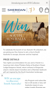 Sheridan – Win an Escape to Discover South Australia (prize valued at $4,800)