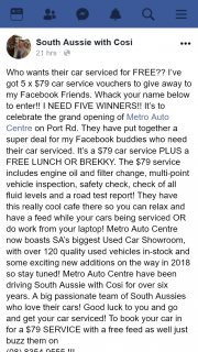 South Aussie with Cossi – Win 1/5 Car Services Metro Auto Centre on Port Rd Adelaide (prize valued at $395)