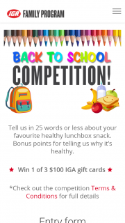 Metcash IGA Family -Tell us about your healthy lunch box ideas & – Win 1 of 3 $100 Iga Gift Cards (prize valued at $300)
