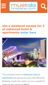 Must Do Brisbane – Win a Weekend Away for Two Valued at $400 (prize valued at $400)