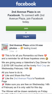 2nd Avenue Plaza – Win Valentine’s Day Dinner for 2 $150 Gift Voucher at Red Cray on Wednesday February 14th (prize valued at $150)