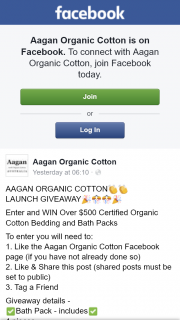 Aagan Organic Cotton – Win Over $500 Certified Organic Cotton Bedding and Bath Packs (prize valued at $500)