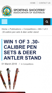 Australian hunter – Win 1 of 3 .30-calibre Pen Sets & Deer Antler Stand (pen and Pen Case to Be Engraved With Winner’s Name) Valued at $282. (prize valued at $282)