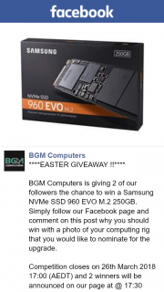 BGM Computers – Win a Samsung Nvme Ssd 960 Evo M2 250gb (prize valued at $350)