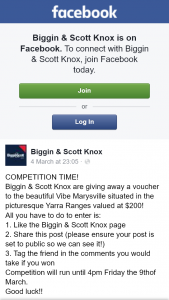 Biggin & Scott Knox – Win $200 Voucher at Vibe Marysville Vic (prize valued at $200)
