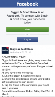 Biggin & Scott Knox – Win $200 Voucher at Yarra Glen Bed & Breakfast In Vic