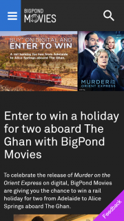 Bigpond Movies – Win a Rail Holiday for Two From Adelaide to Alice Springs Aboard The Ghan (prize valued at $8,810)