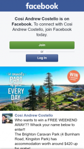 Cosi Andrew Costello – Win a Free Weekend Away? (prize valued at $420)