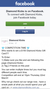 Diamond Kicks – Win a $150 Diamond Kicks Gift Card? (prize valued at $150)
