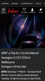 Event Cinemas-Cinebuzz Pre-purchase tickets to Avengers – Win a Trip for 2 to The Marvel Avengers Station In Melbourne