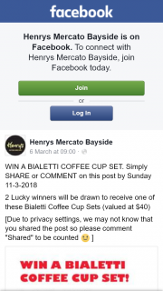 Henrys Mercato Bayside – Win a Bialetti Coffee Cup Set (prize valued at $80)