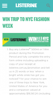 Listerine – Win a Major Prize (prize valued at $18,561.24)