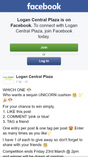 Logan Central Plaza – Win a Unicorn Cushion