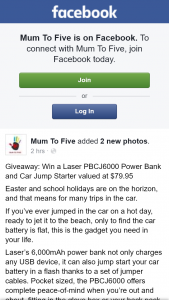 Mum to Five – Win a Laser Pbcj6000 Power Bank and Car Jump Starter Valued at $79.95 (prize valued at $79.95)