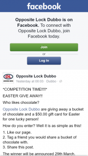 Opposite Lock Dubbo – Win a Bucket of Chocolate and $50 Gift Card (prize valued at $50)