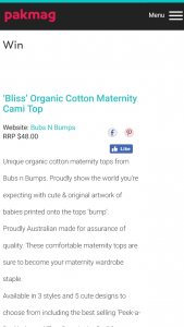 Pak Magazine – Win a Bliss Organic Cotton Maternity Cami Top