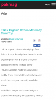 Pak Magazine – Win a Bliss Organic Cotton Maternity Cami Top