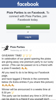 Pixie Parties – Win a Premium Pixie Kids Party Announced 8.30pm