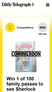 Plusrewards – Win 1 of 100 Family Passes to See Sherlock Gnomes In Cinemas this Easter (prize valued at $8,000)