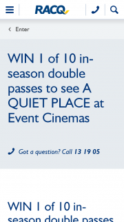 RACQ – Win 1 of 10 In Season Double Passes to See a Quiet Place at Event Cinemas