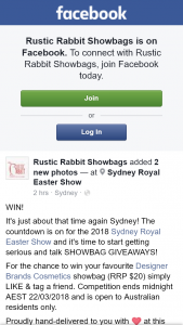 Rustic Rabbit showbags – Win Your Favourite Designer Brands Cosmetics Showbag (RRP $20) Simply Like & Tag a Friend