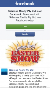 Sidarous Realty Pty Ltd – Win Easter Show Family Pass $100 Visa Gift Card