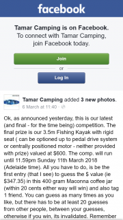 Tamar Camping – Win a 3.5m Fishing Kayak (prize valued at $600)