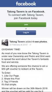 Tatong Tavern – Win a $50 Gift Voucher to Redeem at The Tavern