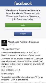 Warehouse Furniture Clearance – Win One of Two $1000 Sale Credit to Use at Sale on 23 March Brisbane (prize valued at $2,000)
