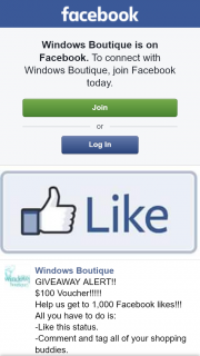 Windows Boutique – Win $100 Voucher When Reach 1000 Likes (prize valued at $100)