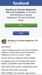 Bowling & Lifestyle mag – to Richard O’brien’s “rocky Horror Show” Musical In Melbourne on The 12 July at 730pm