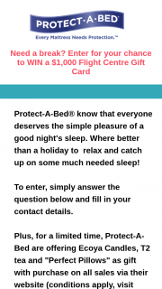 Mum Central – Protect a Bed – Win 1 X $1000 Flight Centre Gift Card Tell Us In 25 Words Or Less “what Impresses You Most About The Protect-A-Bed® Range of Mattress Protectors” (prize valued at $1,000)