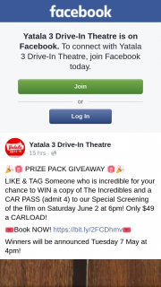 Yatala 3 drive-in theatre – Win a Copy of The Incredibles and a Car Pass (admit 4) to Our Special Screening of The Film on Saturday June 2 at 6pm