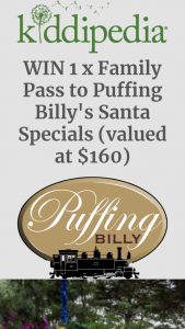 Kiddipedia – Win 1 X Family Pass to Puffing Billy’s Santas Specials (valued at $160) (prize valued at $160)