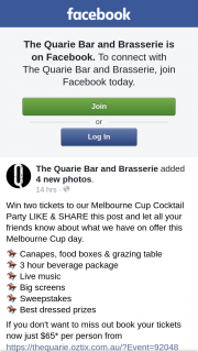 Quarie Bar and Brassarie – Win Two Tickets to Our Melbourne Cup Cocktail Party Like & Share this Post and Let All Your Friends Know About What We Have on Offer this Melbourne Cup Day (prize valued at $130)