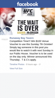 Runaway Bay Tavern – Win $100 Venue Voucher to Use this Sunday 7th October (prize valued at $100)