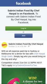 Sabrini Indian Food – Win Trip to Sydney Or Melbourne to Have Dinner With Chef Harpal