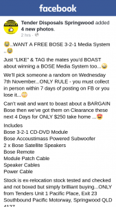 Tender Disposals Springwood – Win a Bose 3-2-1 Media System Must Collect (prize valued at $250)